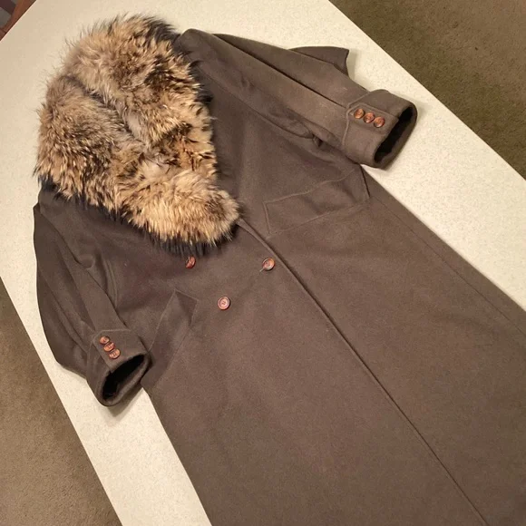 Vintage Gemini Army Green 100% Wool Trench Coat with Raccoon Fur Collar Women XL - Picture 5 of 16